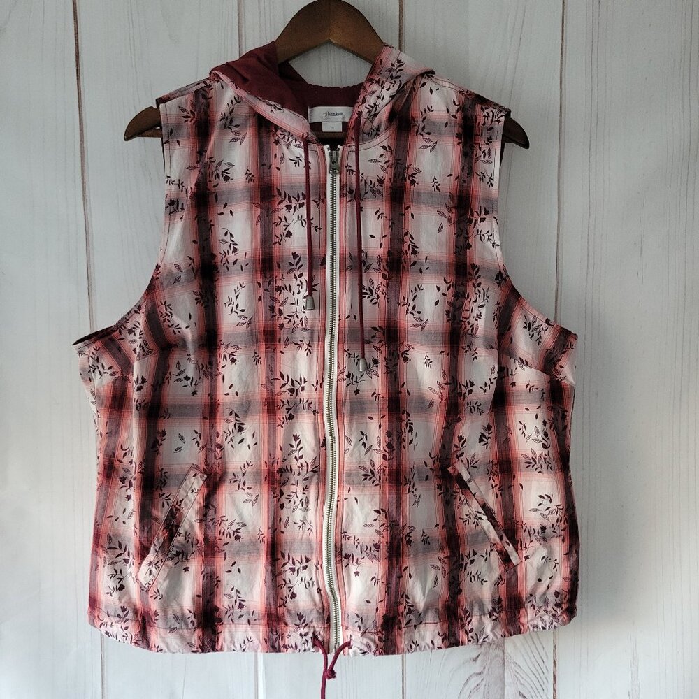 CJ Banks Red Plaid Zip Front Hooded Vest, Women’s 1X, Floral, Fall, Holiday, EUC